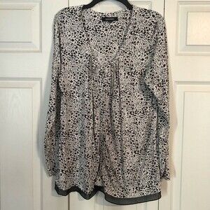 ELLEN TRACY Large Leopard White Black Cardigan Sweater Mixed Media Peplum Hem